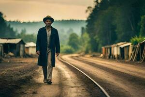 uma homem dentro uma chapéu e casaco caminhando baixa uma Ferrovia acompanhar. gerado por IA foto