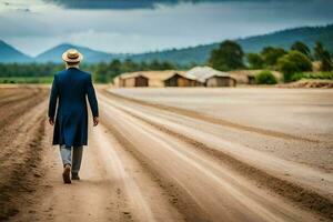 uma homem dentro uma azul terno e chapéu anda em baixa uma sujeira estrada. gerado por IA foto