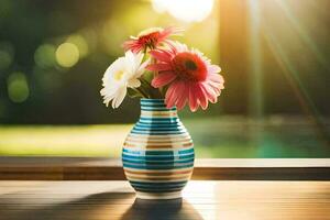 uma vaso com flores em uma mesa dentro frente do uma janela. gerado por IA foto