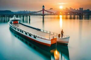 uma barco é ancorado às a água com uma ponte dentro a fundo. gerado por IA foto