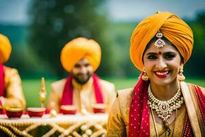 uma noiva dentro uma amarelo turbante sorrisos às a Câmera. gerado por IA foto