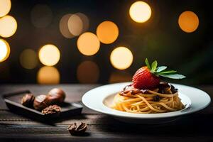 espaguete com morangos e nozes em uma de madeira mesa. gerado por IA foto