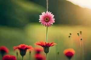 uma flor suspensão a partir de uma cadeia dentro uma campo. gerado por IA foto