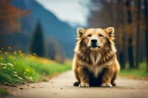 uma cachorro sentado em a estrada dentro frente do uma floresta. gerado por IA foto