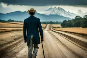 uma homem dentro uma terno e chapéu anda em baixa uma sujeira estrada. gerado por IA foto