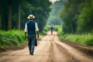 uma homem dentro uma chapéu e colete caminhando baixa uma sujeira estrada. gerado por IA foto