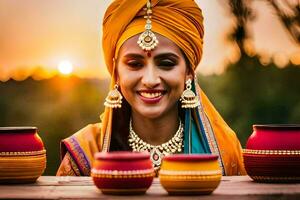 uma mulher dentro tradicional indiano vestuário é sorridente e segurando dois potes. gerado por IA foto