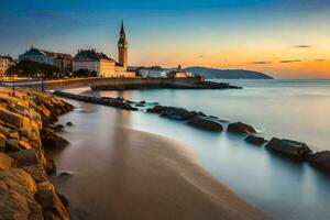 a pôr do sol sobre a mar e uma Igreja dentro Croácia. gerado por IA foto