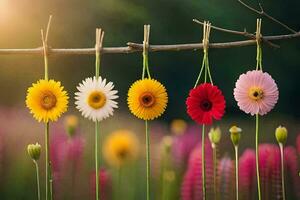 colorida flores suspensão a partir de uma varal de roupas dentro uma campo. gerado por IA foto