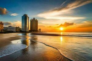 a Sol conjuntos sobre a de praia e edifícios dentro a fundo. gerado por IA foto