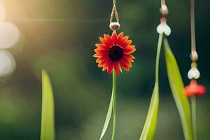 uma vermelho flor é suspensão a partir de uma corda. gerado por IA foto