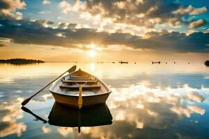 uma barco é flutuando dentro a água às pôr do sol. gerado por IA foto