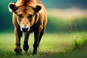 uma Castanho vaca caminhando através uma campo. gerado por IA foto