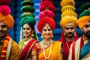 indiano Casamento festa dentro colorida turbantes. gerado por IA foto