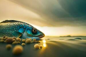 uma peixe é sentado em a de praia com alguns grãos. gerado por IA foto