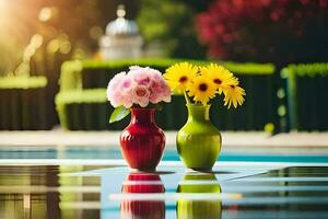 dois vasos com flores sentado em uma piscina. gerado por IA foto