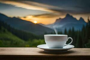 uma copo do café em uma de madeira mesa dentro a montanhas. gerado por IA foto