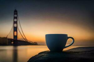 uma copo do café senta em uma Rocha dentro frente do a dourado portão ponte. gerado por IA foto