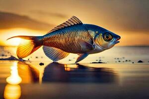 uma peixe é caminhando em a de praia às pôr do sol. gerado por IA foto