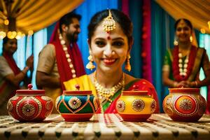 uma mulher dentro tradicional indiano vestuário é sorridente às a Câmera. gerado por IA foto