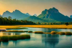 a montanhas estão refletido dentro a água. gerado por IA foto