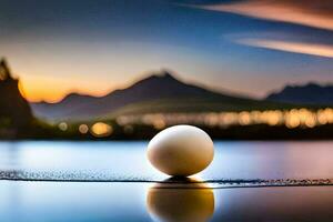 a ovo sentado em a Beira do uma lago às pôr do sol. gerado por IA foto