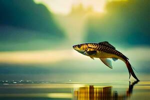 uma peixe é pulando Fora do a água. gerado por IA foto