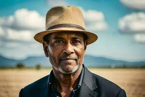 uma homem vestindo uma chapéu dentro uma campo. gerado por IA foto