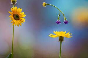 dois amarelo flores estão em pé dentro frente do cada outro. gerado por IA foto