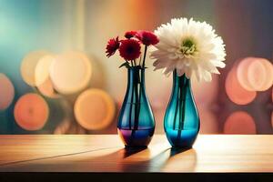 dois azul vasos com flores em uma mesa. gerado por IA foto