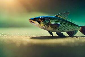 uma peixe é em pé em a de praia com a Sol brilhando. gerado por IA foto