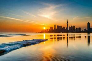 a Sol conjuntos sobre a cidade Horizonte dentro auckland, Novo zelândia. gerado por IA foto