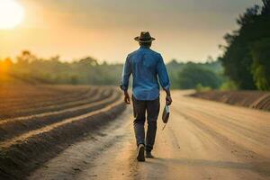 uma homem caminhando baixa uma sujeira estrada com uma chapéu sobre. gerado por IA foto