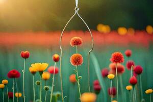 uma flor campo com uma metal quadro, Armação suspensão a partir de isto. gerado por IA foto