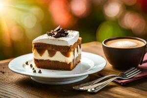 chocolate bolo com açoitado creme e café em uma de madeira mesa. gerado por IA foto