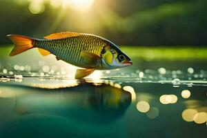 uma peixe é em pé em a água com luz solar brilhando. gerado por IA foto