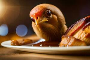 uma frango é sentado em uma prato com bacon. gerado por IA foto