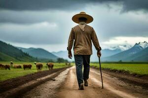 uma homem caminhando baixa uma sujeira estrada com ovelha dentro a fundo. gerado por IA foto