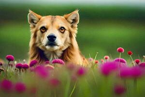 uma cachorro é sentado dentro uma campo do Rosa flores gerado por IA foto