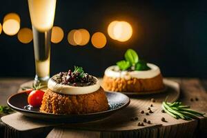 dois sobremesas em uma de madeira mesa com uma vidro do champanhe. gerado por IA foto
