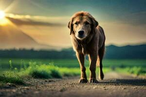 uma cachorro caminhando em uma sujeira estrada às pôr do sol. gerado por IA foto