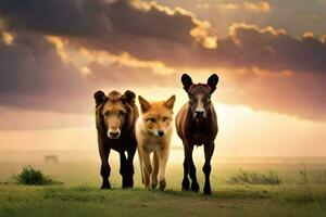 três cavalos e uma Raposa caminhando juntos dentro a campo. gerado por IA foto