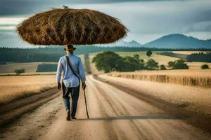 uma homem caminhando baixa uma sujeira estrada com uma Palha chapéu em dele cabeça. gerado por IA foto