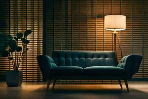 uma azul sofá dentro frente do uma lâmpada. gerado por IA foto