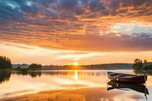 uma barco senta em a calma água às pôr do sol. gerado por IA foto