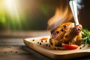 uma frango em uma de madeira corte borda com uma garfo. gerado por IA foto