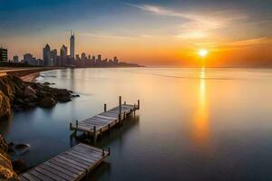 a Sol conjuntos sobre a cidade Horizonte dentro dubai. gerado por IA foto