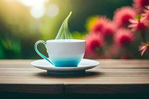 uma copo do café em uma de madeira mesa com flores dentro a fundo. gerado por IA foto