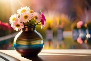 uma colorida vaso com flores em uma mesa. gerado por IA foto