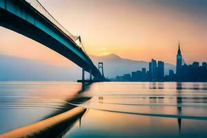 uma ponte abrangendo sobre água com uma cidade Horizonte dentro a fundo. gerado por IA foto